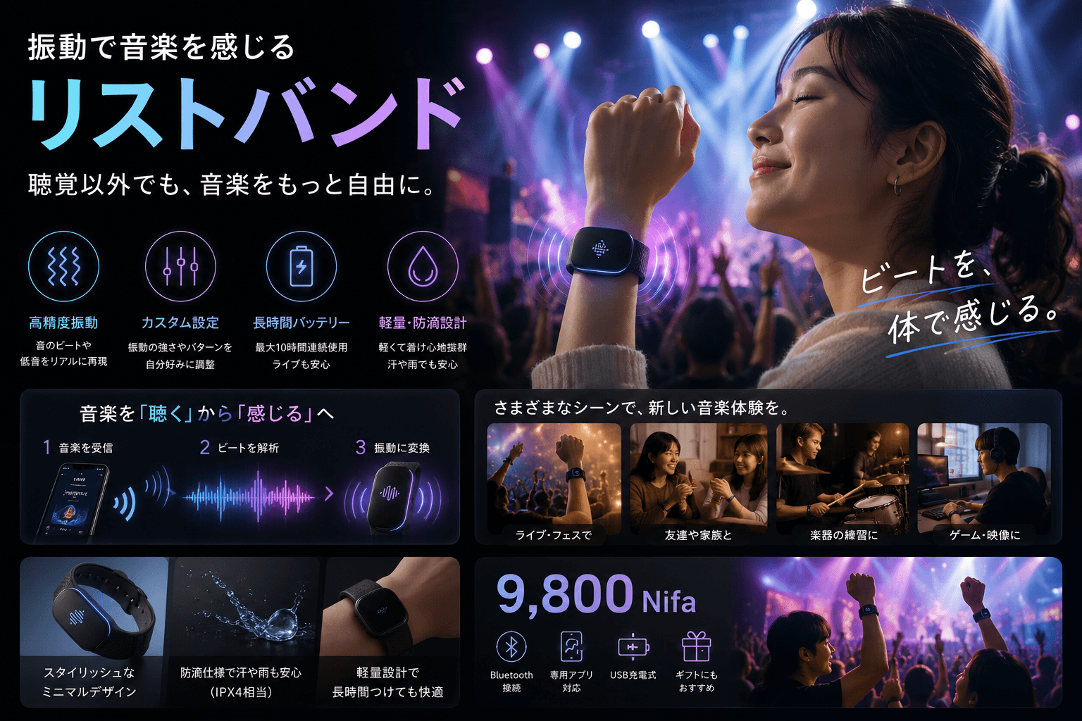 振動で音を感じるリストバンド